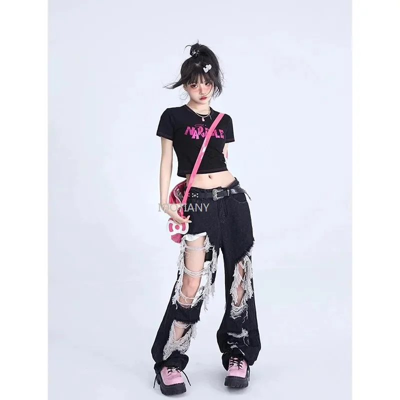 Women Gothic Black Jean Hot Girl Style High Street Design Frayed Ripped Pants On Both Sides High Waist Vintage Fashion Y2K Pants