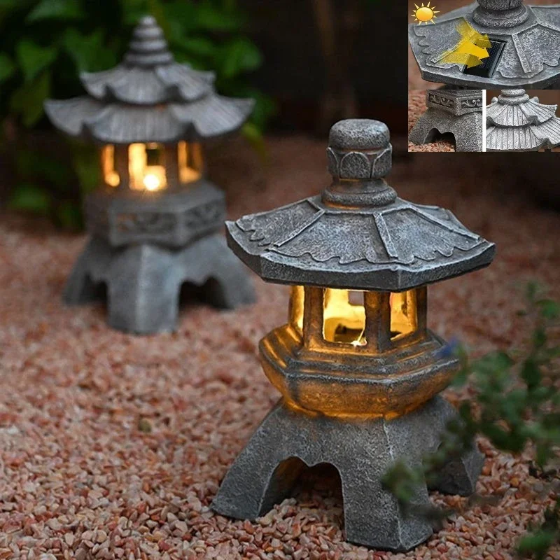 Solar Garden Lamp Chinese Palace Style, Stone Pagoda Lantern Zen Patio Decor
