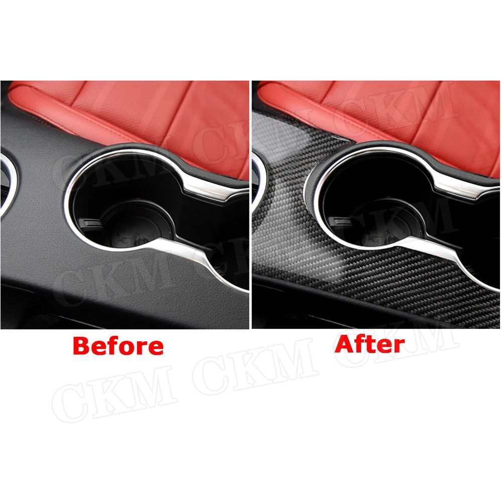 Carbon Fiber Car Inner Gearshift Box & Water Cup Holder Frame Trim Sticker For Ford Mustang LHD 2015 -2017