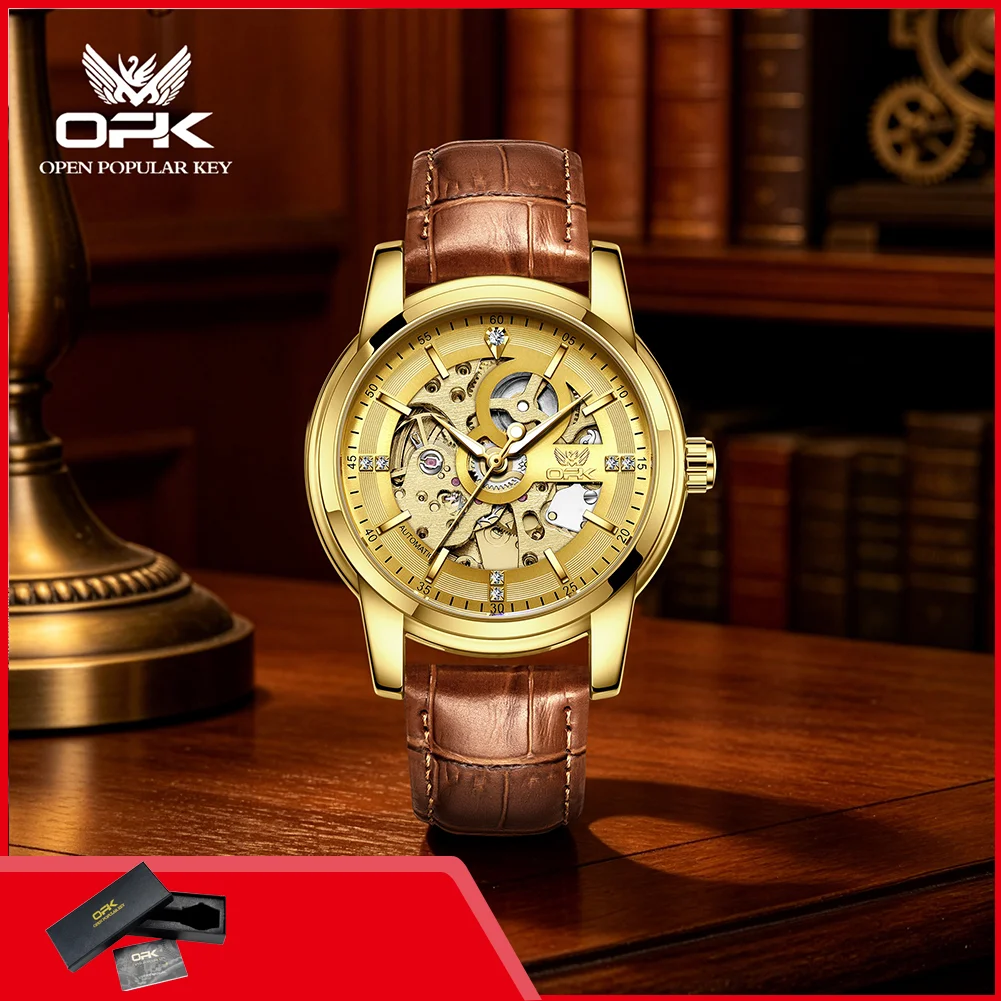 OPK 6101 Skeleton Men's Mechanical Wristwatch Leather Strap Luminous Classic Original Automatic Gold Man Watch