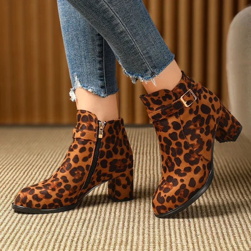 Leopard Suede Women Ankle Boots Mid Heels Chunky Shoes Women's Winter Boots 2025 Trend New Fashion Designer Elegant Female