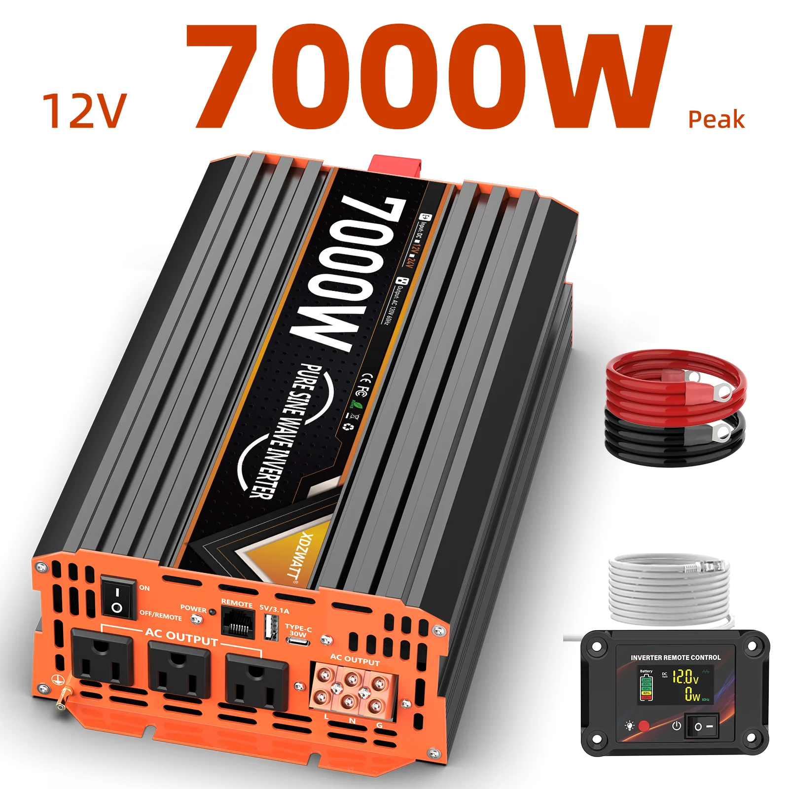 3000 واط 7000 واط الذروة 12 فولت 24 فولت موجة جيبية نقية عاكس الطاقة مع جهاز التحكم عن بعد شاشة الكريستال السائل USB نوع-C حماية متعددة ل RV #1