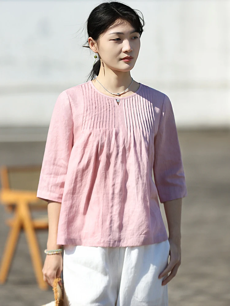 

100% Linen Women Casual Shirt New Arrival 2026 Summer Vintage Style O-neck Solid Color Female Half Sleeve Tops Shirts M2520