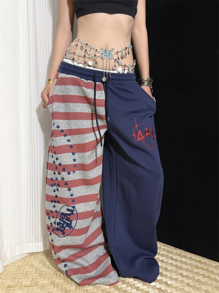 Women's Contrast Striped Patchwork Sweatpants Y2k Bottoms Casual Street Retro High Waist Trousers Female Wide Leg Unisex Pants