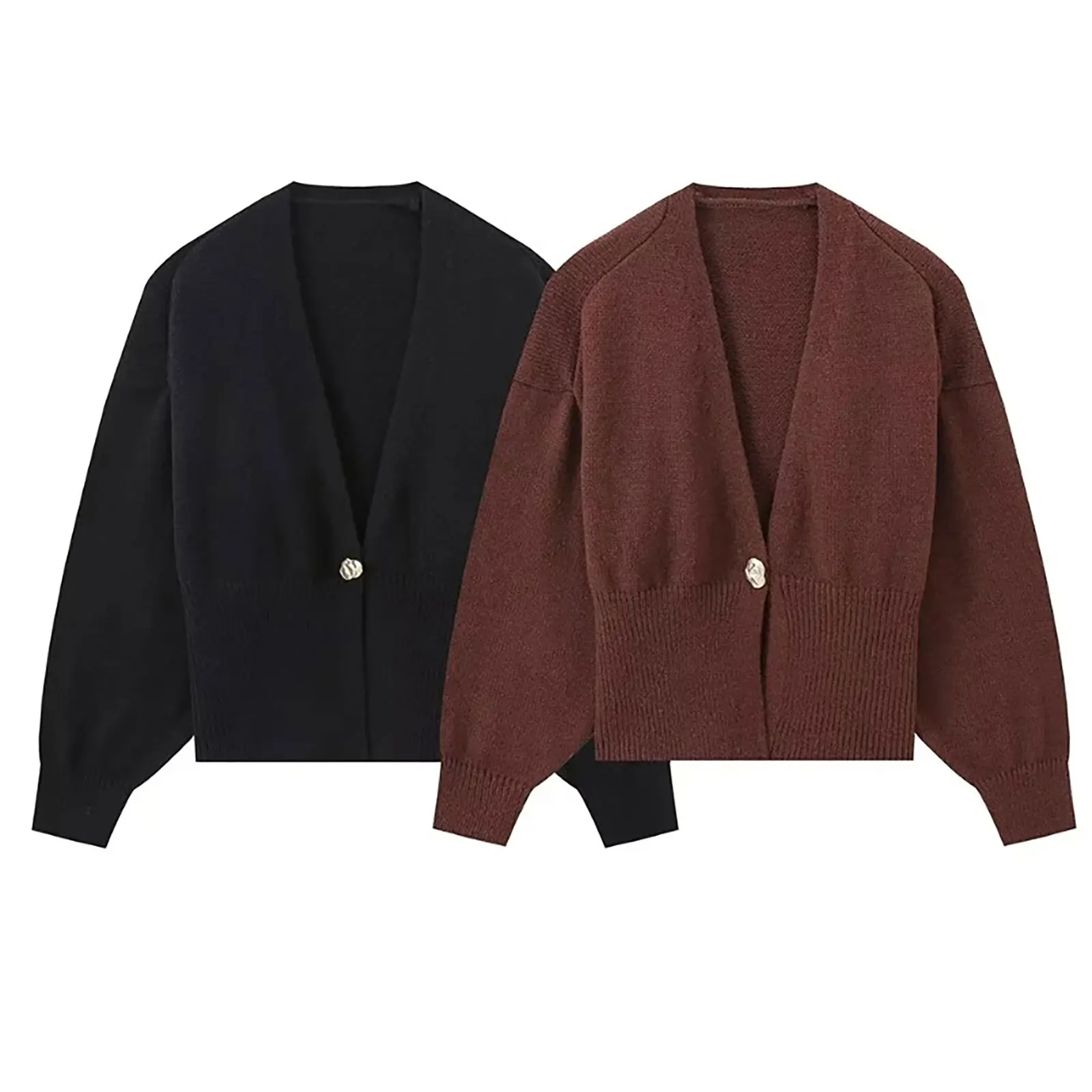 Women Ribbed Knitted Cardigan Casual Outerwear V Neck Long Sleeve One-button Baroque Button Jackets for Daily Office Vacation
