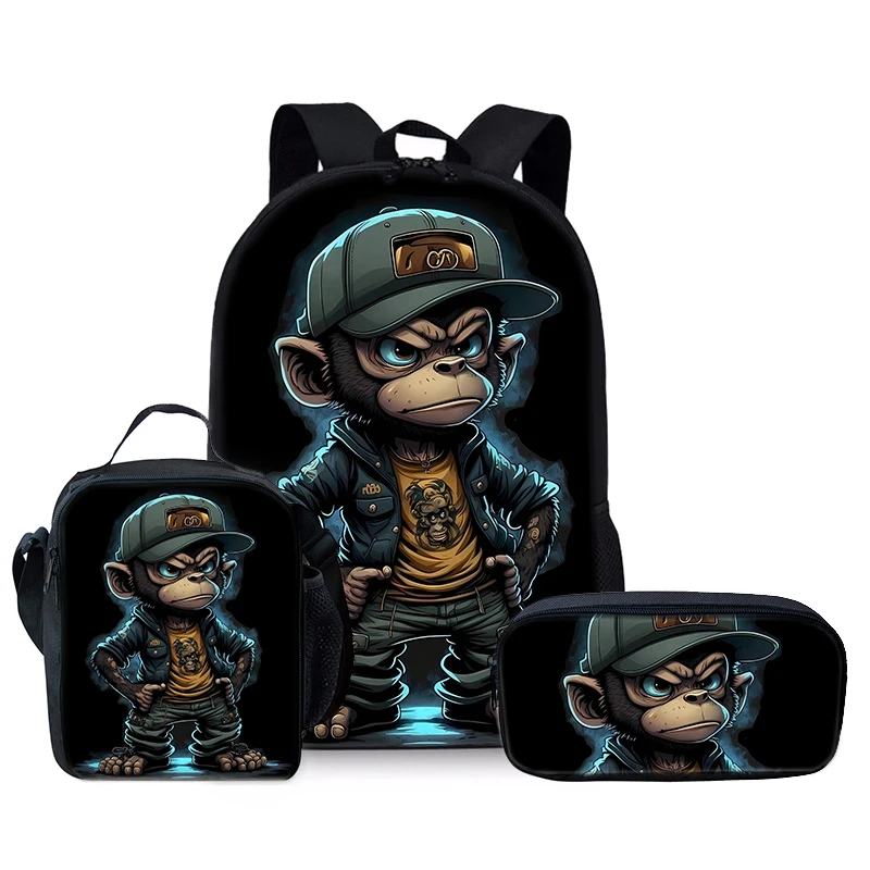 Cartoon Animal Monkey Three Piece Backpack Set for Boy and Girls Best Gifts 2D Flat Cartoon School Backpack for Children