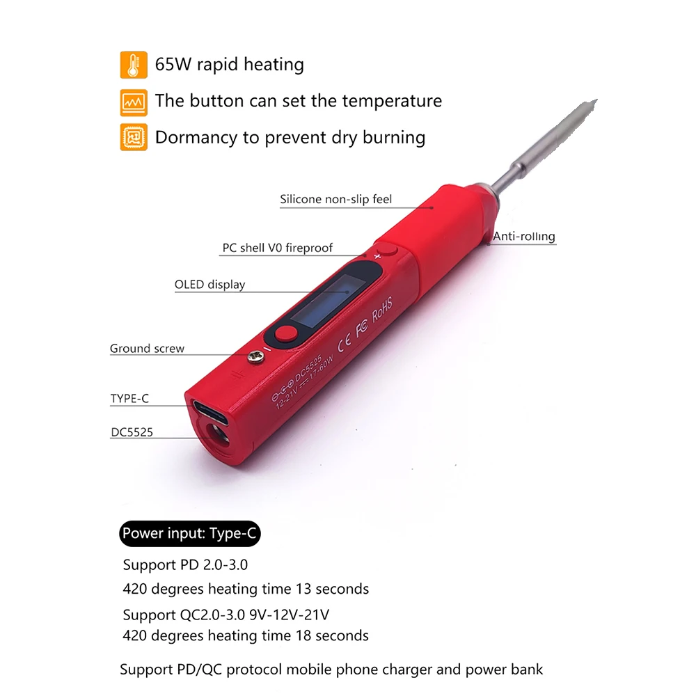 Pine64 Smart Soldering Iron Red Pinecil BB2 V1 CN 65W Portable Adjustable Temperature Digital Repair welding tools TS-B2 Tips