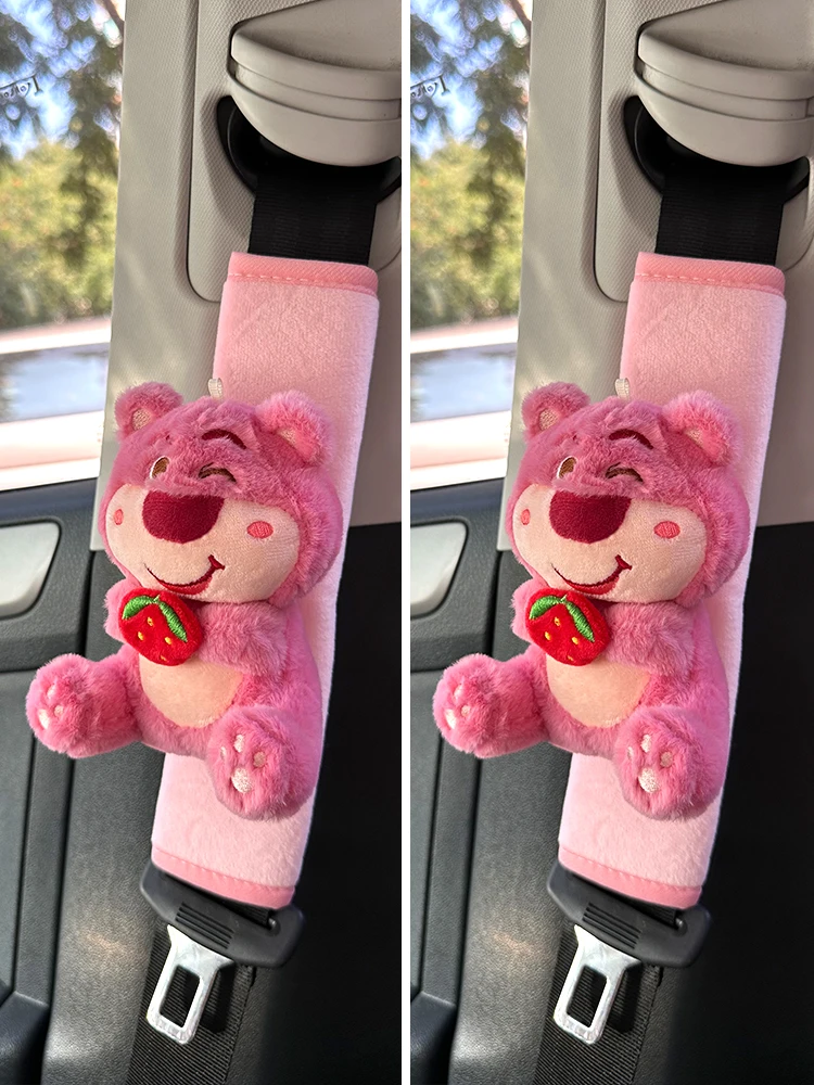 Car Seat Belt Shoulder Cover Cute Strawberry Bear Doll Car Cartoon Girl Car Interior Decoration