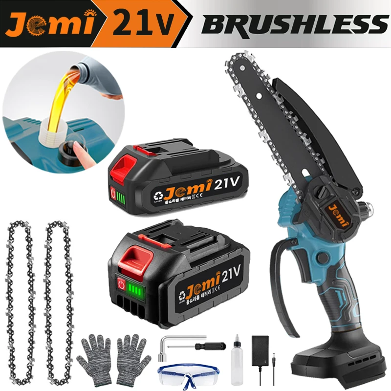 Jemi Tool 6-Inch Brushless Electric Handheld Chain Saw, Self-Lubricating, Lightweight, Sharp for Tree Trimming (Upgraded)