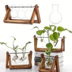 1pc, Tabletop Glass Planter Propagation Station Hydroponic Plant Vases In Wooden Rack Terrarium For Plants, Clear Flower Pot For
