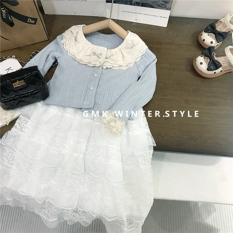 

Girls Spring and Autumn Lace Collar Knitted Jacket Cake Skirt Set2025New style long skirt for little girls