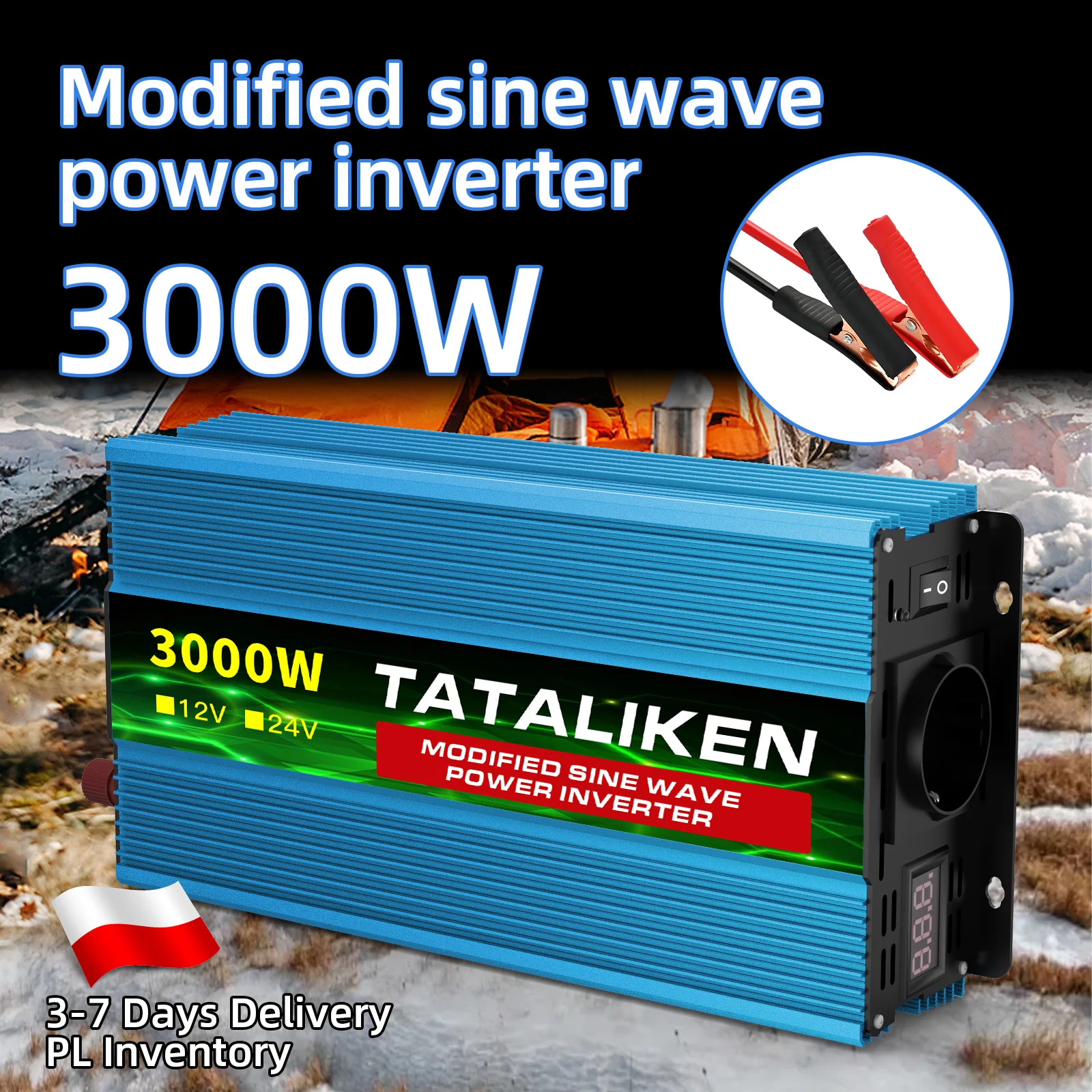 Przenośny inwerter napięcia 24V na 220V 50HZ 2000W 4000W z gniazdem USB i gniazdem EU, wentylatorem termicznym, do kempingu, kampera, na zewnątrz, jako zasilanie awaryjne