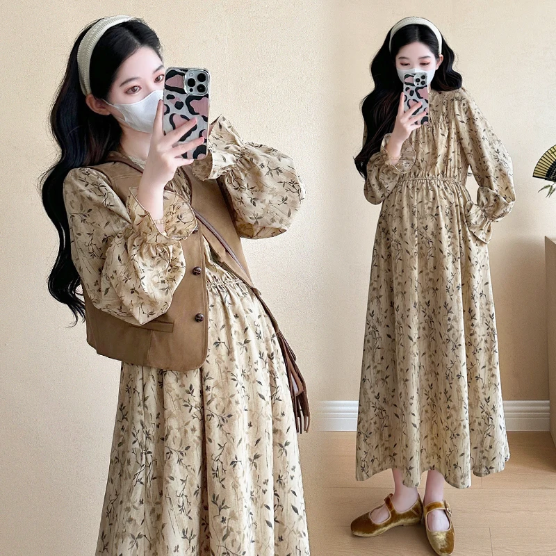 maternity-set-gentle-style-loose-tea-break-dress-women's-belly-covering-two-piece-set-comfortable-autumn-fashion-for-pregnant