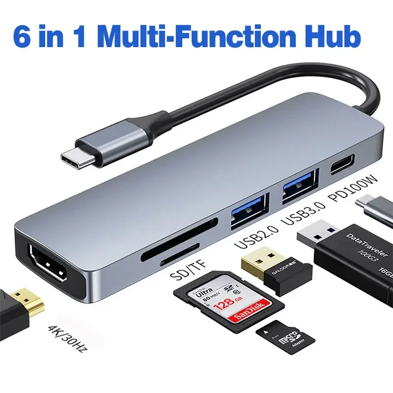 

6 in 1USB Hub docking,USB C to adapter with USB port TF/SD card slot PD power supply compatible with USB Class C devices