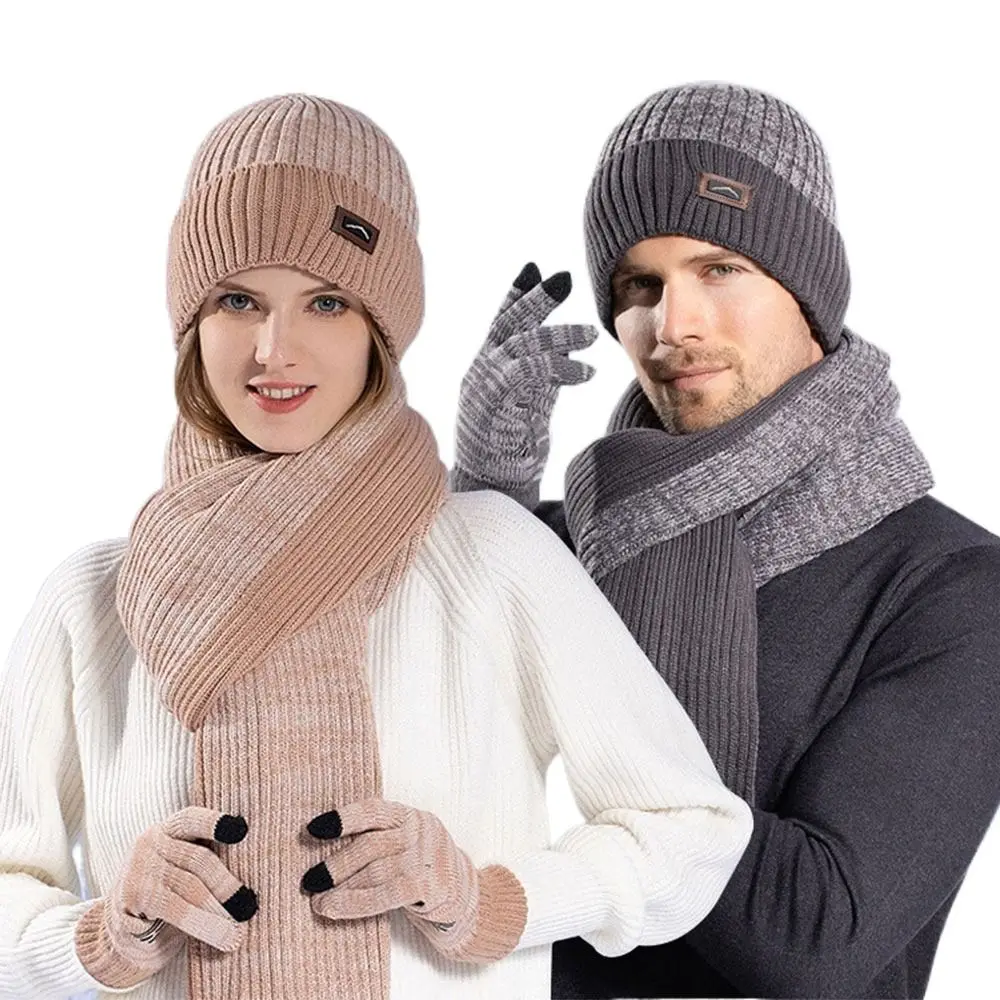 3Pcs/set Winter Warm Beanie Hat Scarf Knitted Woolen Touch Screen Gloves Windproof Soft Fleece Lining Scarves for Men Women