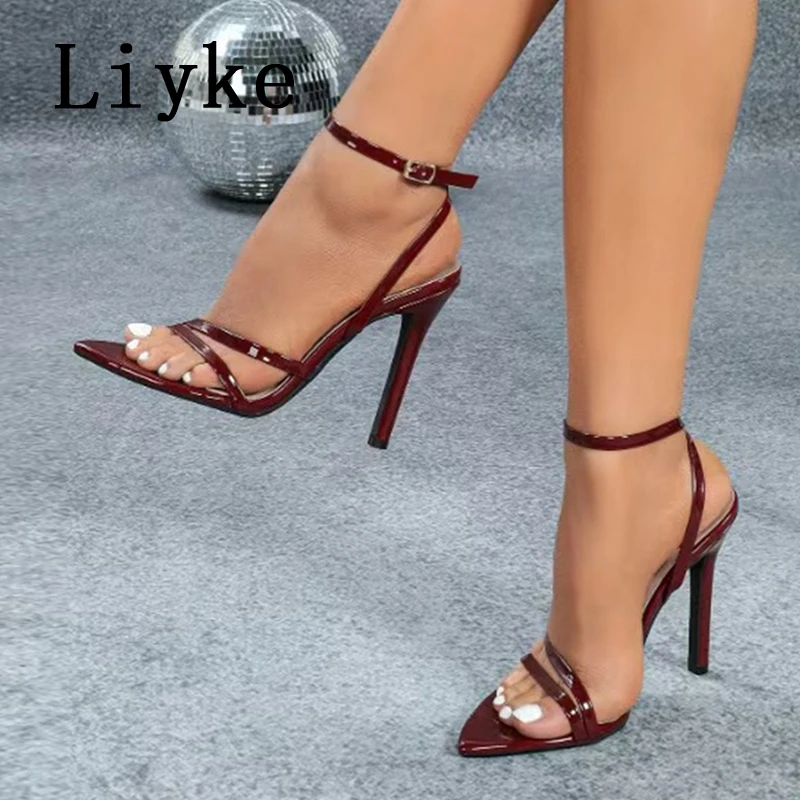 

Liyke винно-красные женские сандалии из лакированной кожи с узким ремешком, модные туфли-гладиаторы на высоком каблуке с открытым носком и пряжкой на ремешке, свадебные банкетные туфли