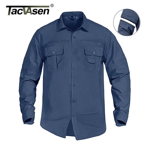 Imagen 1 del producto TACVASEN Camisas de trabajo de carga de manga larga de secado rápido con bolsillos Camisas de senderismo de Safari de nailon para hombre Camisas con botones Ropa para hombres