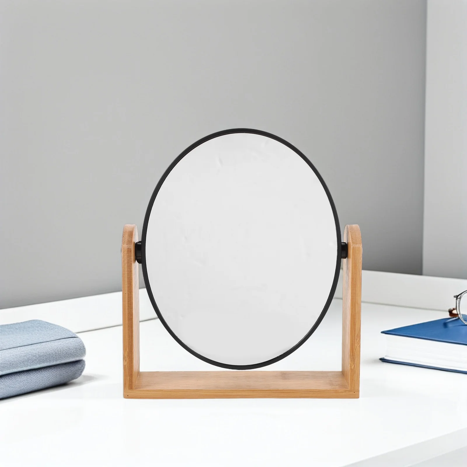 الخيزران مرآة ماكياج مستديرة على الوجهين قطب 3x التكبير مرآة سطح المكتب لمكتب الغرور مرايا الحمام لمكتب ماكياج