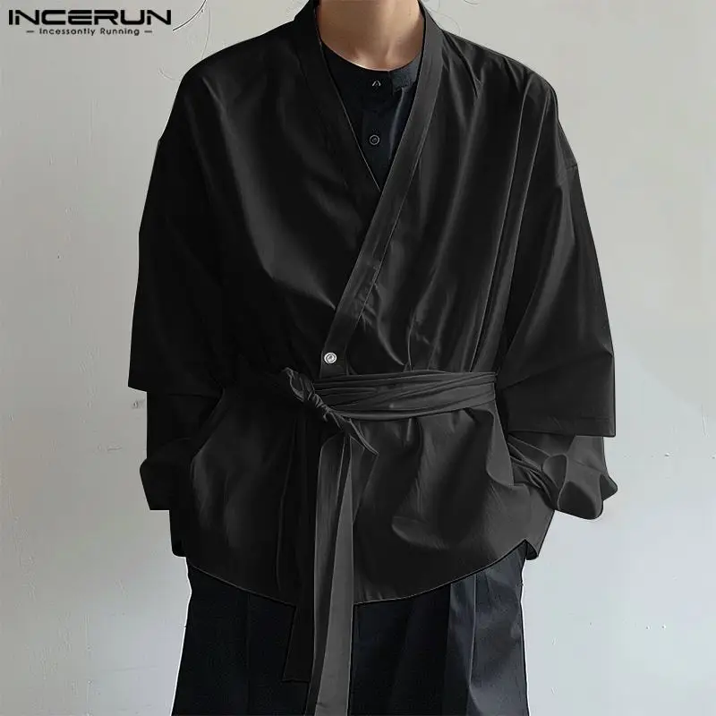 INCERUN Autumn Long Sleeve Solid Men Shirts Fashion V Neck Belt Chemise Tops Tee Streetwear Party Men Clothing Oversized S-5XL