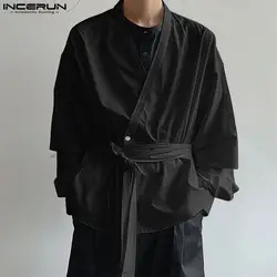 INCERUN Autumn Long Sleeve Solid Men Shirts Fashion V Neck Belt Chemise Tops Tee Streetwear Party Men Clothing Oversized S-5XL