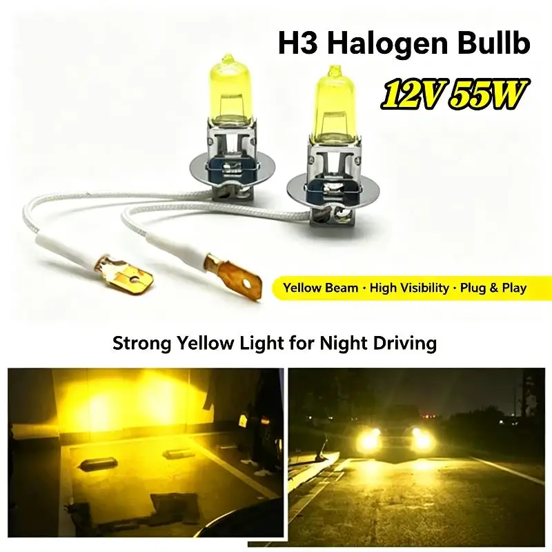 2 Pack H3 12V 55W 100W Yellow Halogen Bulbs Super Bright Car Headlight Fog Lamps for Truck SUV Off-Road Use