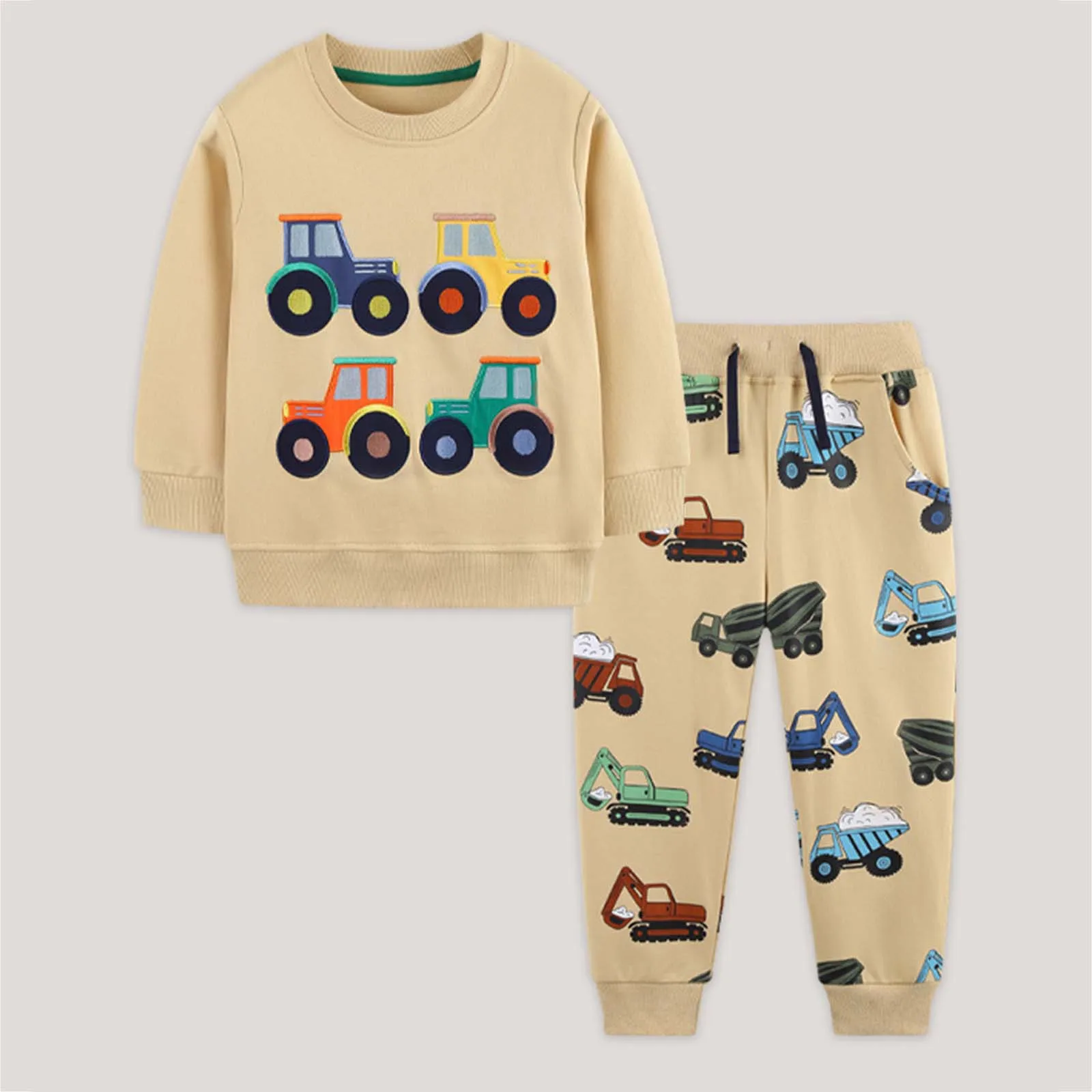 طقم مكون من قطعتين بدون غطاء للرأس وسراويل للأطفال مريحة ومسامية وأكمام طويلة مع بدلة بنطلون مطبوعة بنمط شاحنة لطيفة #1