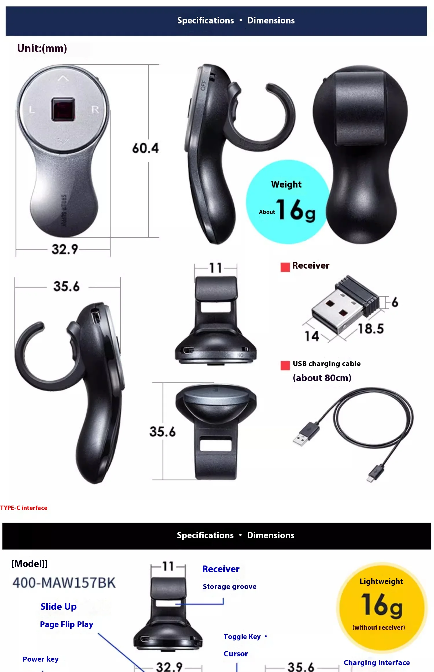Custom Sanwa Supply W151 Ring Mouse Dual Mode Mini Charging Mouse Wireless Bluetooth Portable Office Mouse Gift Accessory