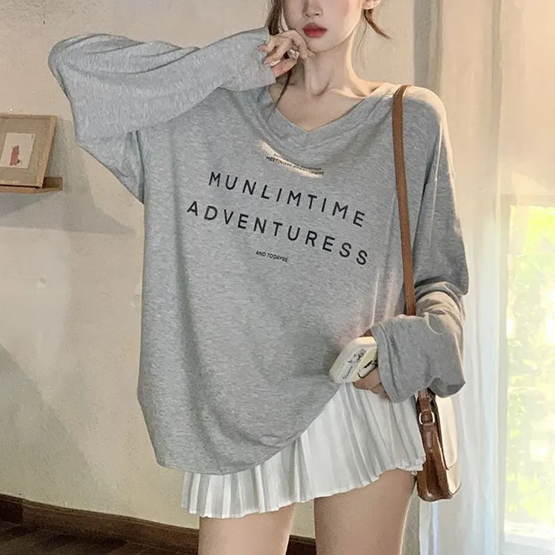 Casual V-Neck Letter Printed T-shirts Spring Autumn Loose Round Neck Women's Clothing Basic Long Sleeve Korean Stylish Pullovers