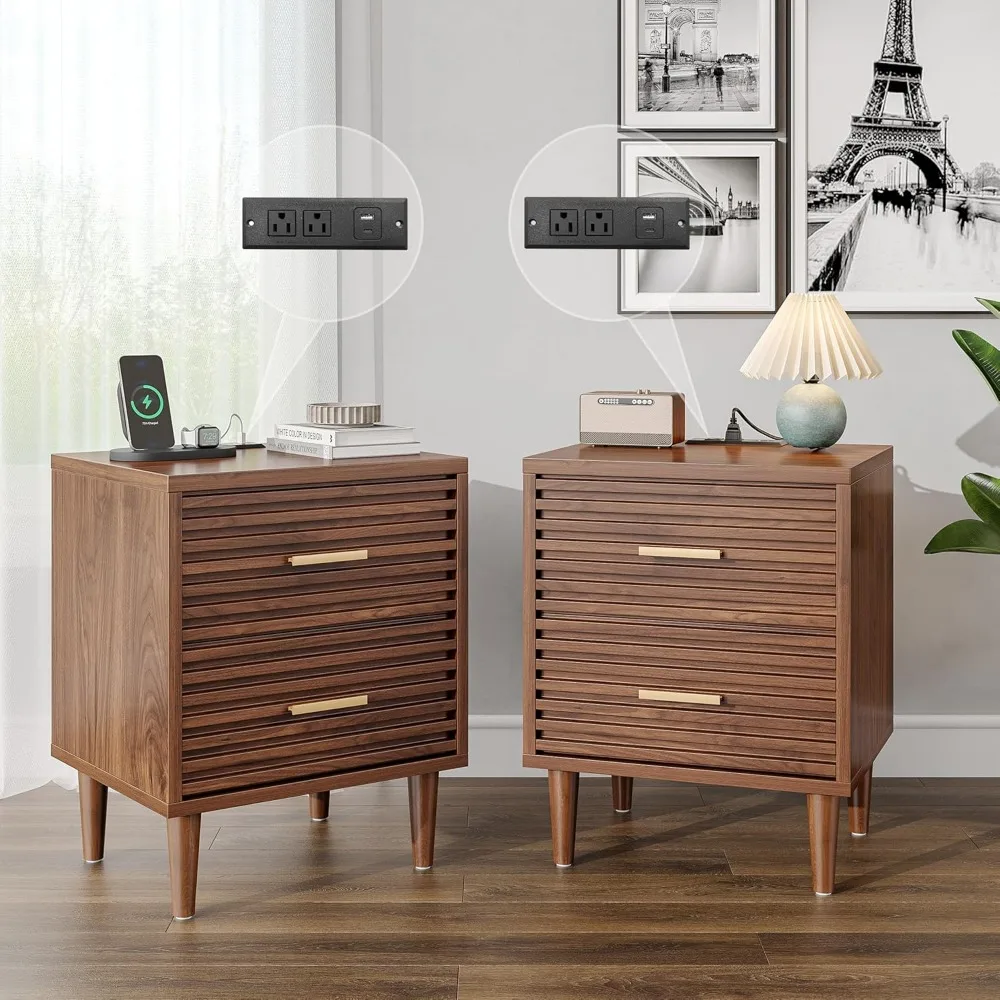 

Night Stands with Charging Station Set of 2, Mid Century Modern Nightstand, Fluted Bedside Table with Drawer, End Table Bed Sid