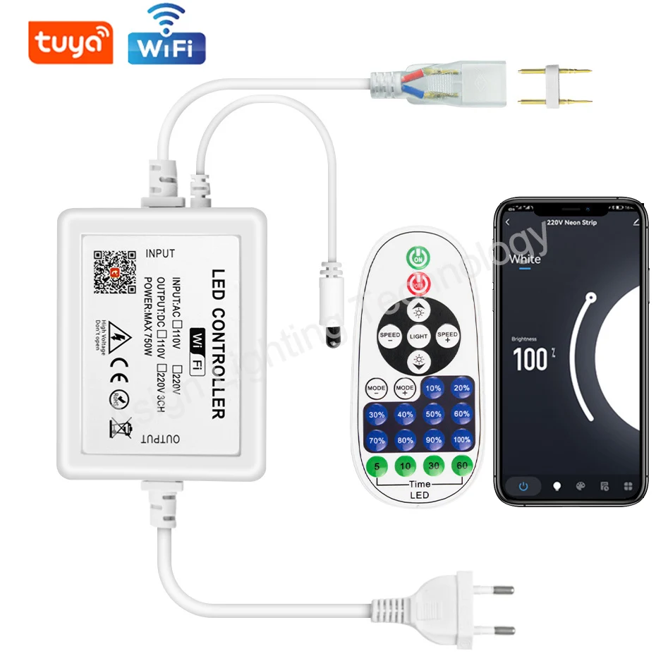 

750W 1500W LED Controller IR Remote/Bluetooth/Tuya WIFI Control 2Pin Dimmer 220V EU Plug For Single Color LED Neon Strip Light