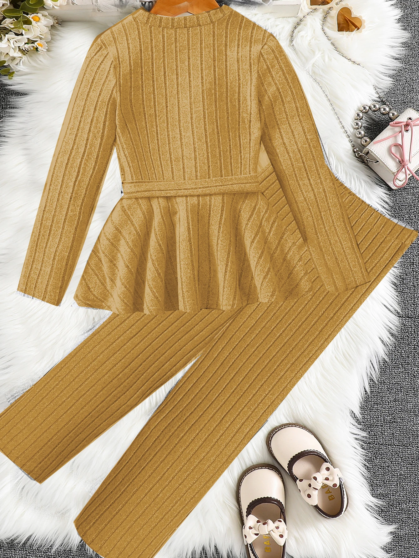 Zweiteiliges Set für Mädchen, Winter, langärmelig, lässig, Rüschenrand, Rock für Mädchenkleidung, weite Beinhosen für große Jungen, vielseitig einsetzbar – Detail 3