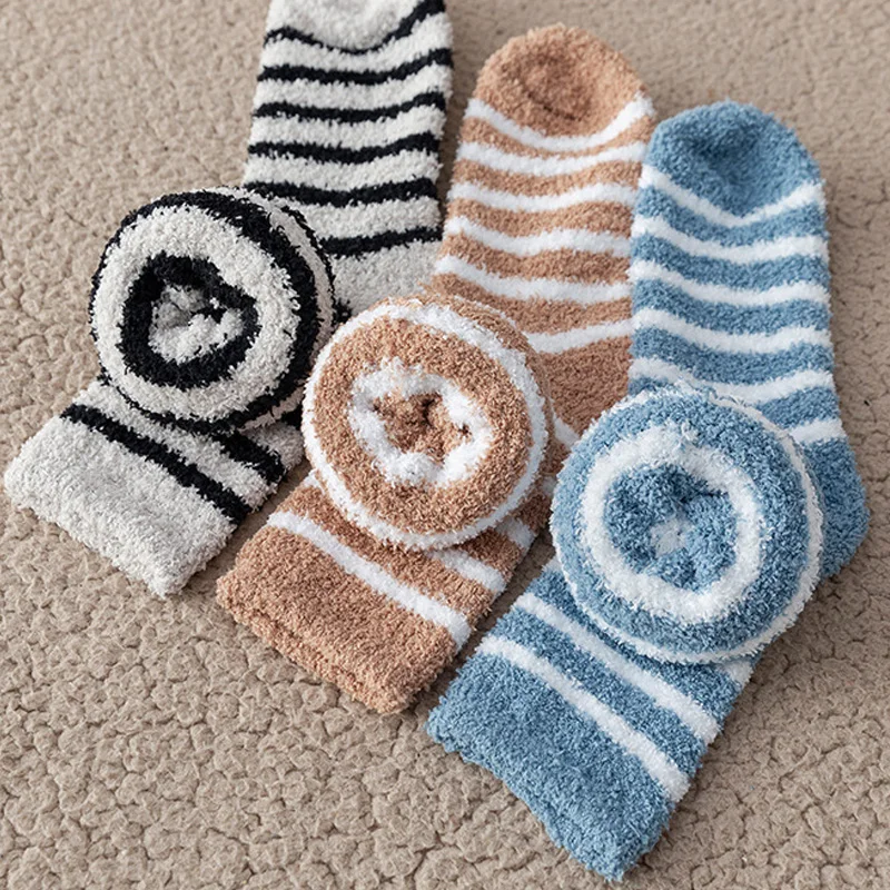 5 Pairs Thick Mens Thermal Socks Winter Warm Striped Coral Fleece Fluffy Solid Color Sleep Male Bed Socks Calcetines Hot Sell