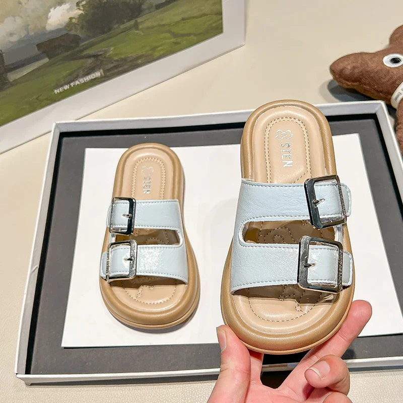 

Summer Kids Leather Slippers for Girls Anti-slippery Soft Sole Toddler Beach Shoes with Double Buckle Lightweight Water Sandals