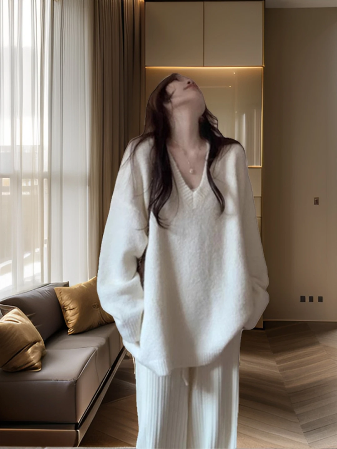 

Корейский свободный пуловер с v-образным вырезом, женская осенне-зимняя верхняя одежда, ленивый вязаный топ irt Aosphere, белый цвет