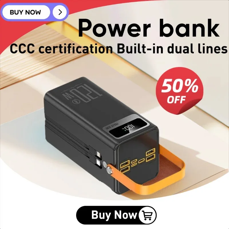 

High-capacity 60000mAh Power Bank with 120W Super Fast Charging Built-in Cable for Outdoor Camping Mobile Power Supply