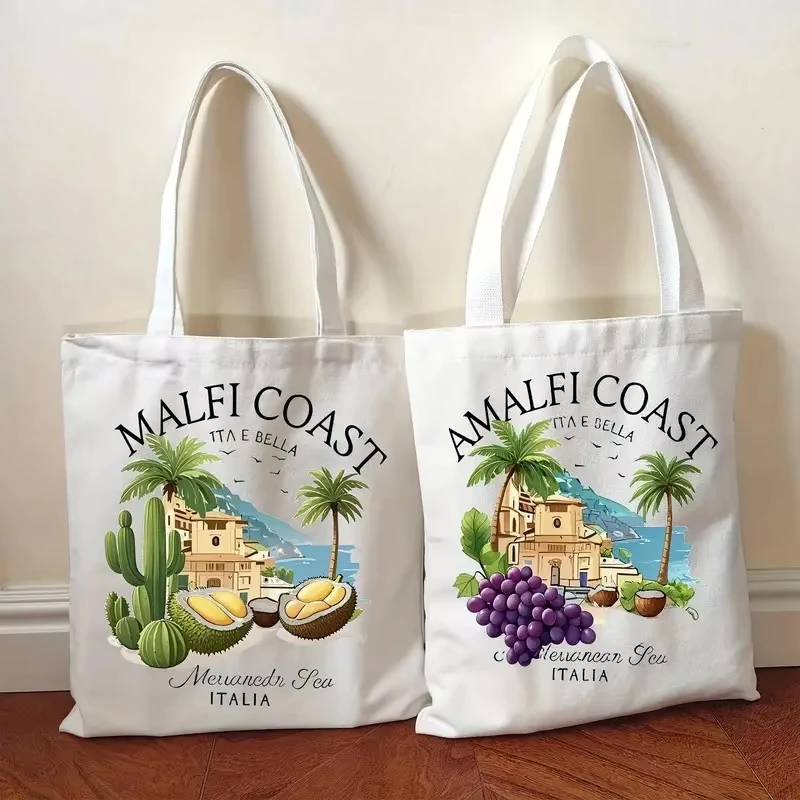 

Amalfi CoasCanvas Tote Bag Reusable Grocery Shopping Bag Vibrant Italian Riviera for School Travel Multi-Purpose Storag Gift