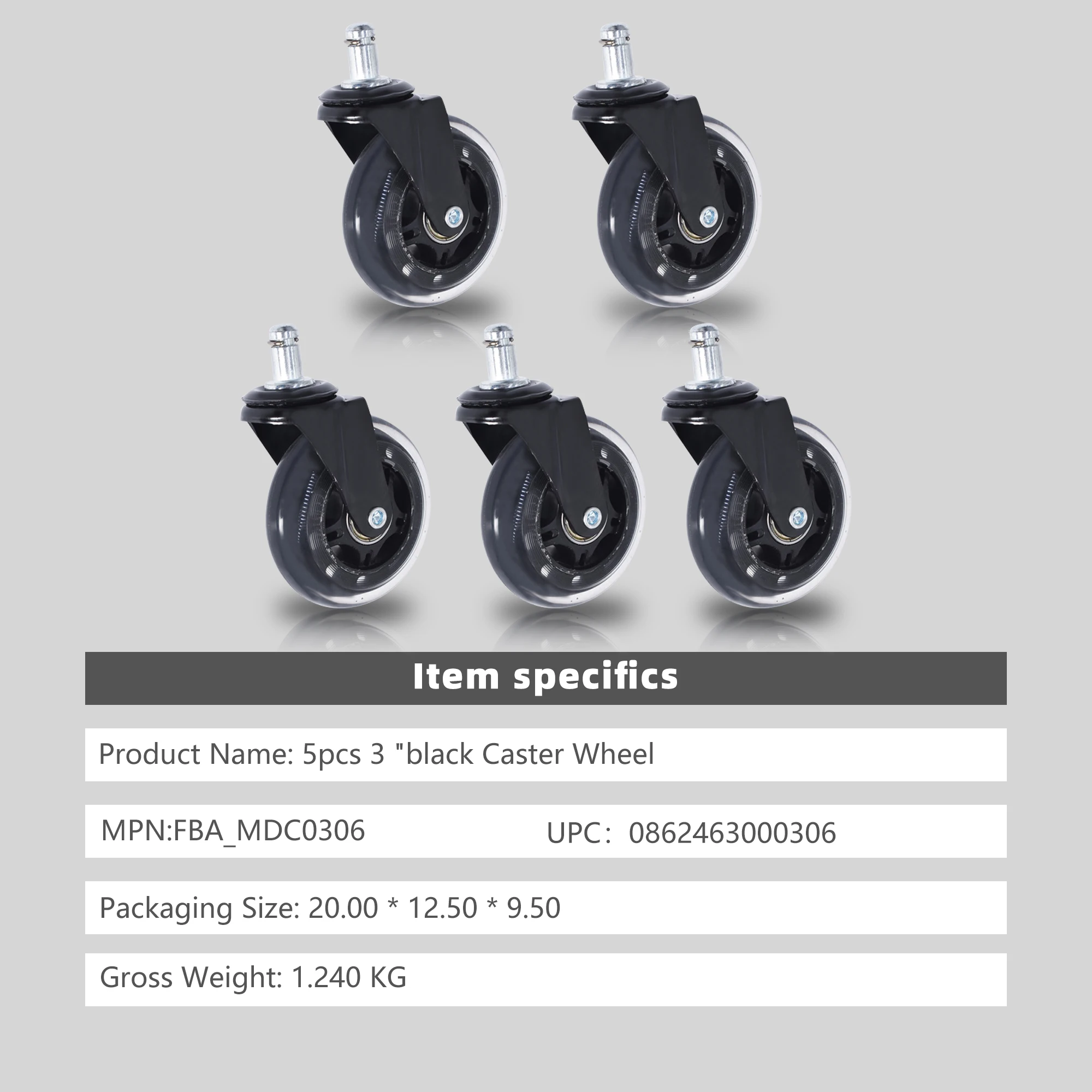 5 Buah Roda Kastor Roda Karet Putar 3 Inci untuk Lantai, Karpet, Ubin 360 °   Smooth Roll, Kapasitas 110lbs per Roda, Standar 7/