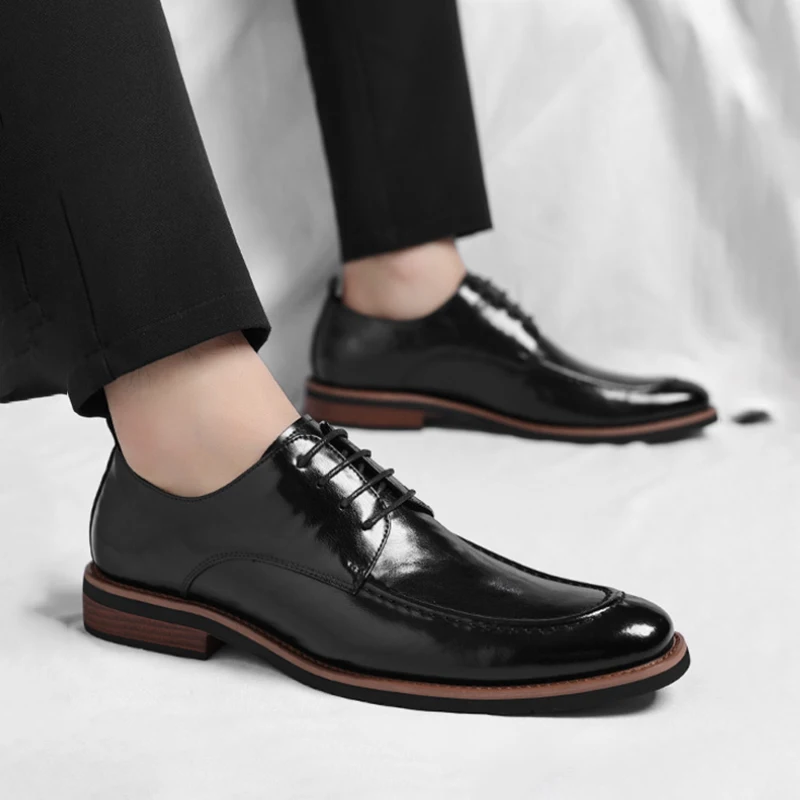 

Mens Brown Burnished Genuine Leather Pointed Toe Lace Up Formal Business Office Wedding Groom Casual Dress Shoes Fashion Retro