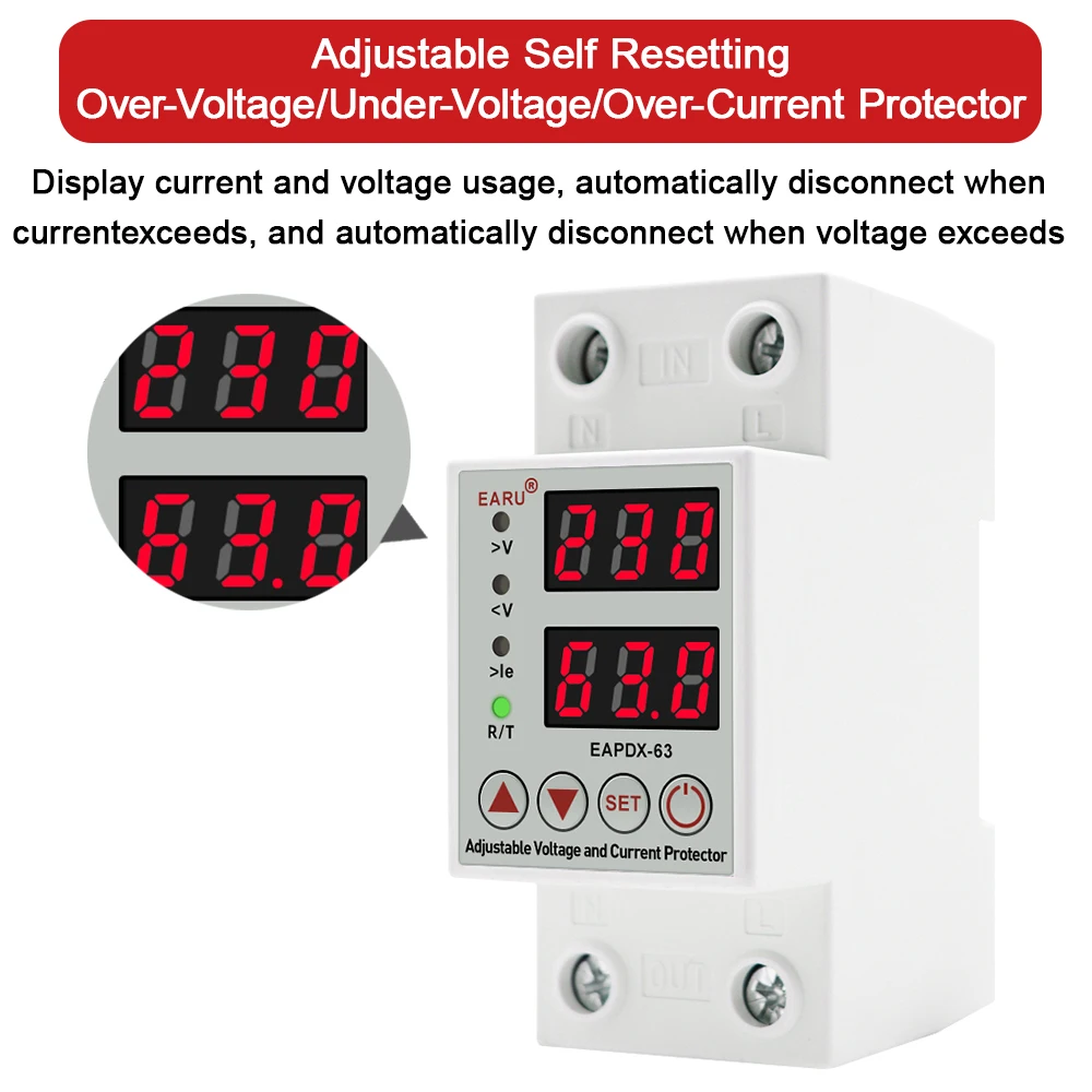 Dual Display 40A 63A 230V Adjustable Digital Over Under Voltage Relay Protective Device Limit Over Current Protection Din Rail