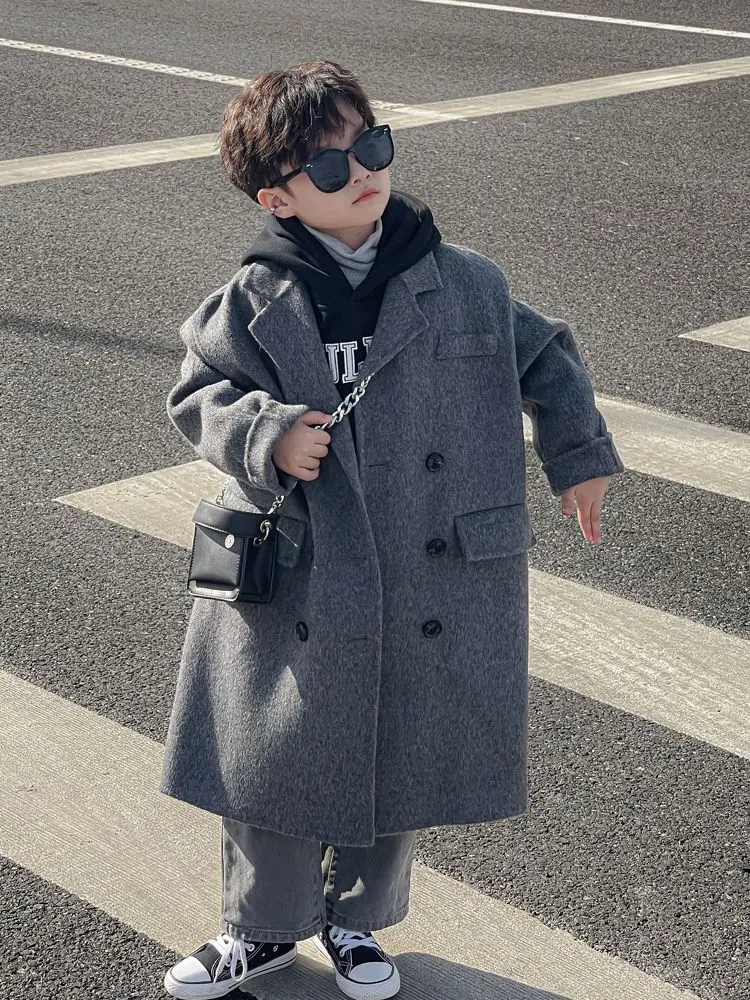 Winter Boys Girls Fashion Cotton Woolen Gray Coat Baby Long Thicken Hooded Coat Children Warm Handsome Casual Jacket Outwear