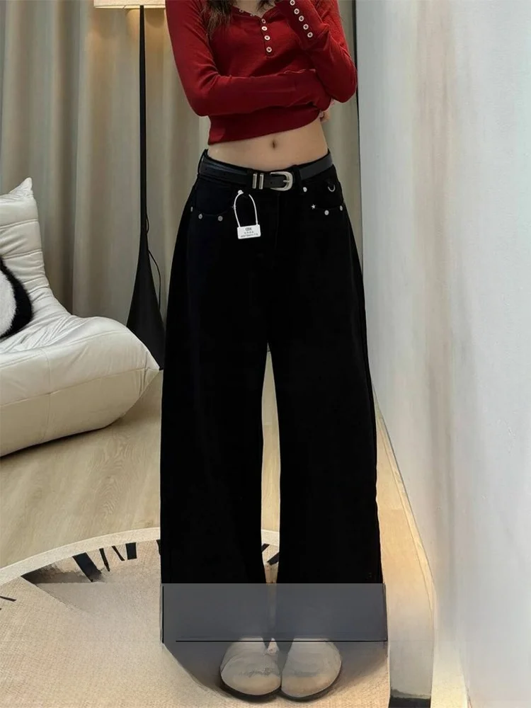 

Женские джинсы с высокой талией, утепленные, черные, осенне-зимние, в пол, в американском уличном стиле, с бриллиантовой отделкой