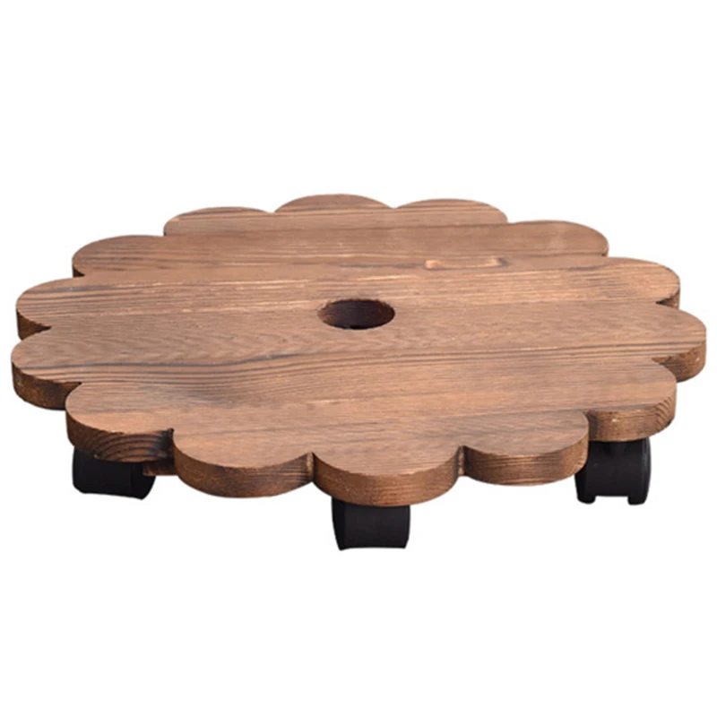 Moveable Wooden Planter Stand with Wheel Round Flower Pot Holder Universal Pulley Easy to Move Flower Pot Tray