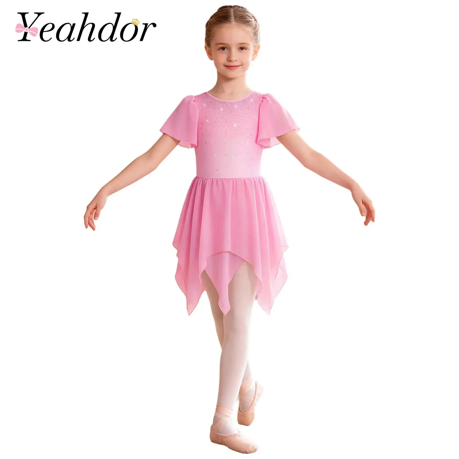 Kids Girls Rhinestone Ballet Dress Layered Ruffled Asymmetrical Hem Skating Dress for Dance Party Stage Performance Competition