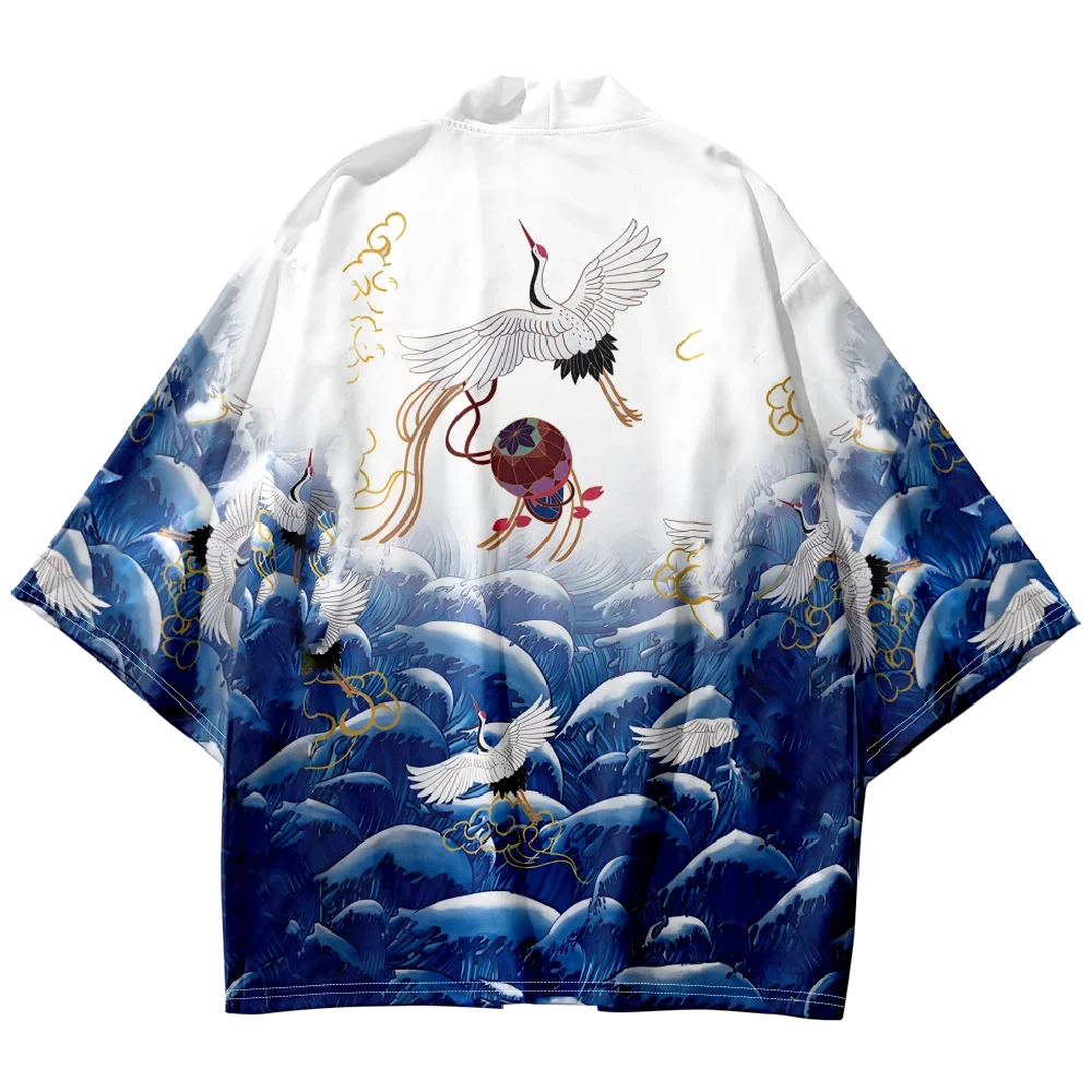 سترة صيفية موديل شاطئ موديل 2025 مطبوعة على شكل رافعة مموجة كيمونو نسائي ياباني أبيض هاوري كبير الحجم ملابس الشارع الشهير #2