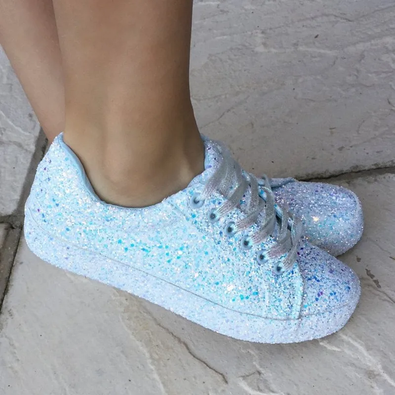 2022 Women Lace Up Sneakers Glitter Autumn Flat Vulcanized Ladies Bling Casual Female Fashion Platform Fashion Flat Shoes New