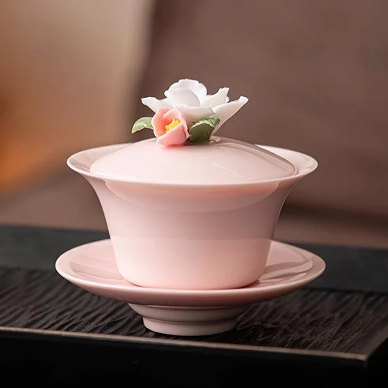 

Ladies' Cup Lid Hovering, Three Piece Lid Bowl, Tea Maker, Pink Tea Set, Handmade Ceramic Chinese Porcelain Kung Fu Tea Set Gift