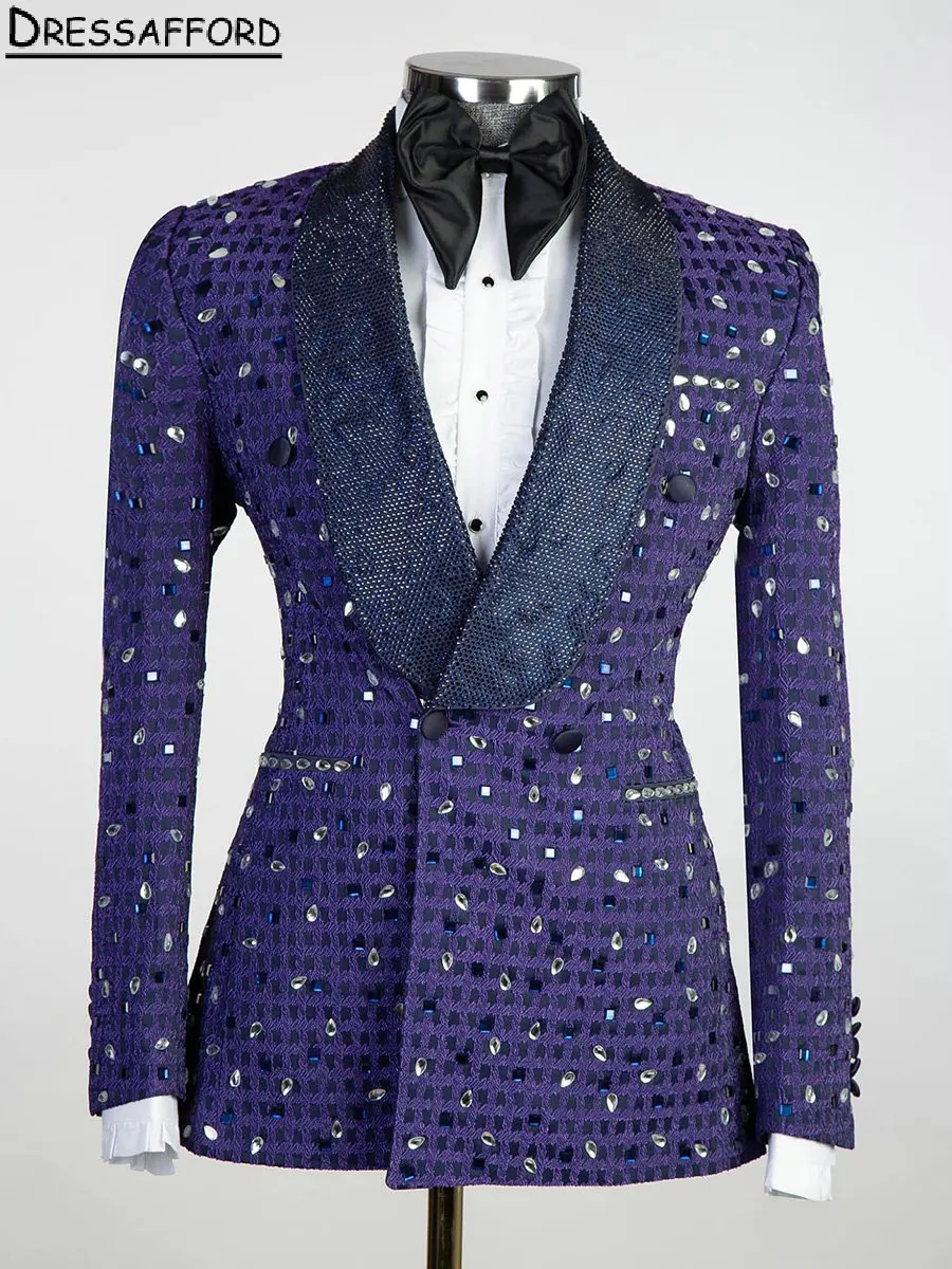 Purple Checkered Evening Party Men Suits Crystal Beading Two Pieces Blazer Groom Wear ( Jacket + Pants )