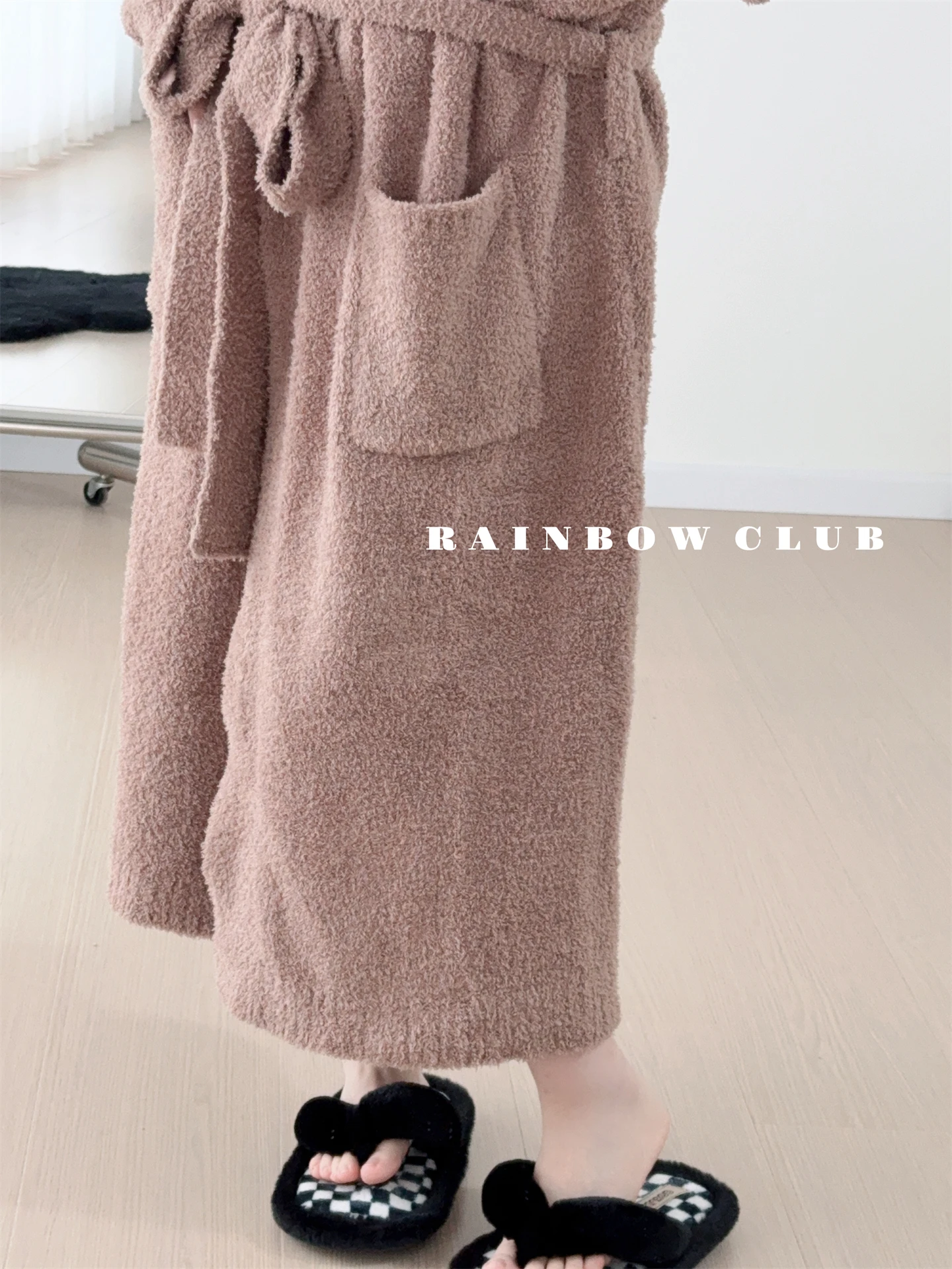 Soft Coral Fleece Striped Open Cardigan Belted Long Sleeve Cute Robe Loose Sleepwear Home Clothes for Women Youth All Seasons