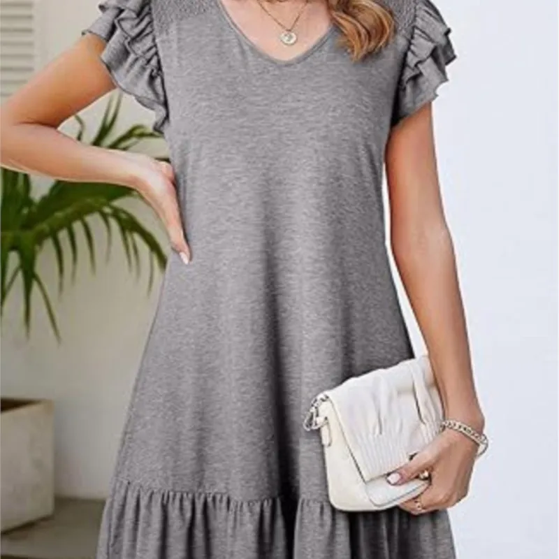 New Sleeveless V-neck Solid Color Women's Loose Lotus Leaf Sleeve Spring Summer Beach Vacation Waist A-line Lace Patchwork Dress