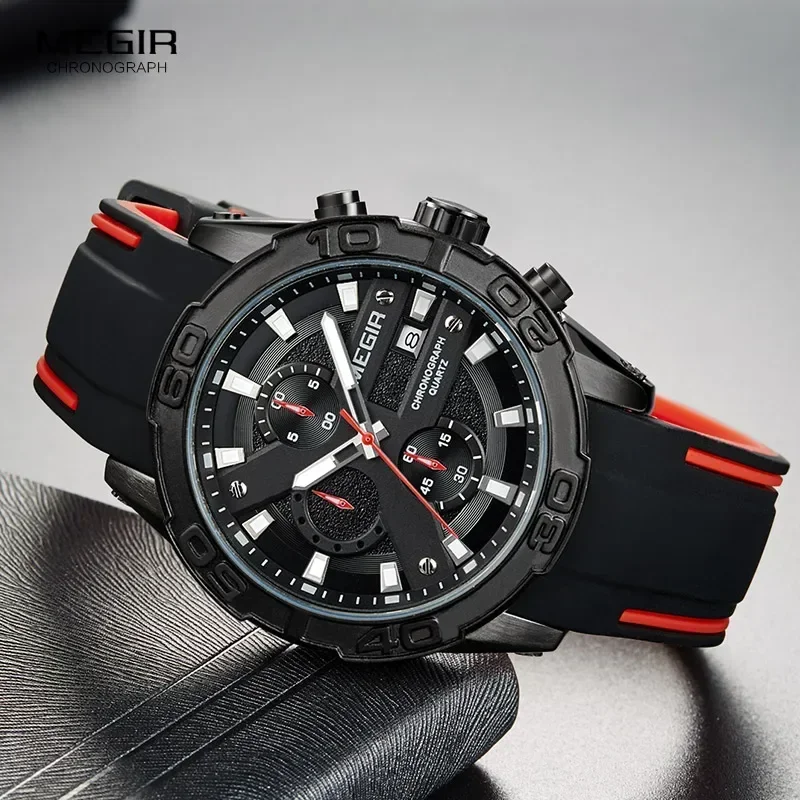 MEGIR Men's Fashion Sports Quartz Watches Luminous Silicone Strap Chronograph Analogue Wrist Watch for Man Black Red 2055G-BK-1